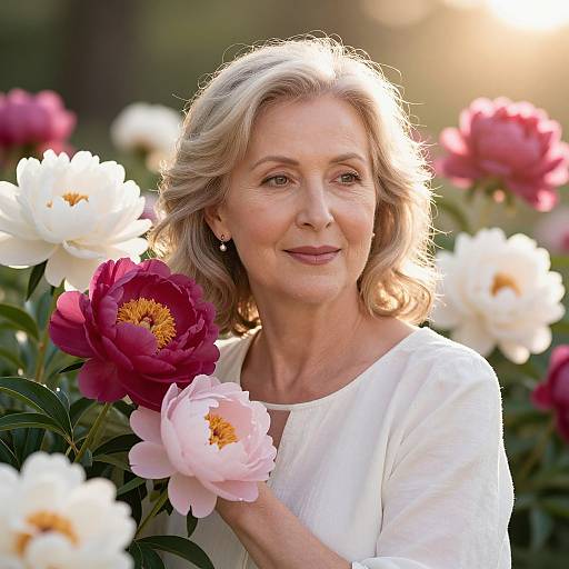 Photograph of a smiling mature woman with short blonde hair, wearing a white blouse, holding pink and white peonies in a sunlit garden.