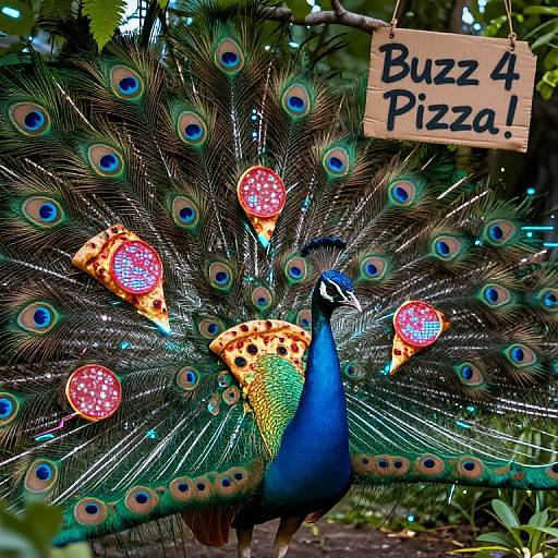 Photograph of a vibrant peacock with a blue-green body, fanned-out tail displaying eye-patterned feathers, and 