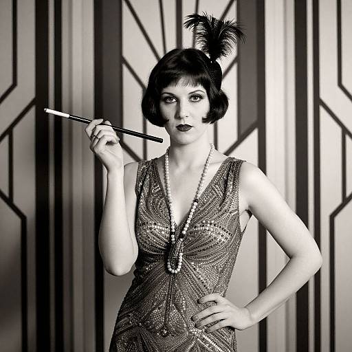 Black-and-white photo of a glamorous woman in a sparkling sleeveless dress, holding a cigarette holder, wearing a feathered headpiece, standing against geometric