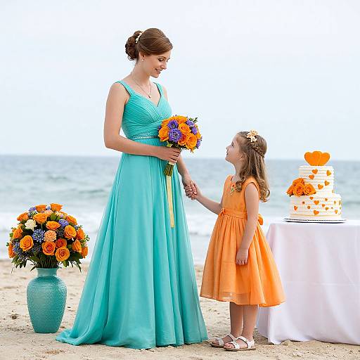 Photograph of a brunette woman in a turquoise gown holding a bouquet, standing beside a young girl in an orange dress, on a beach with floral arrangements