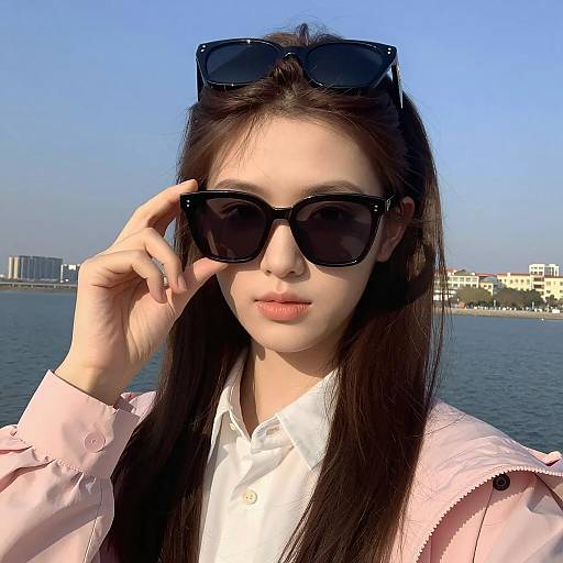 Young Asian Woman Wearing Sunglasses by the Water