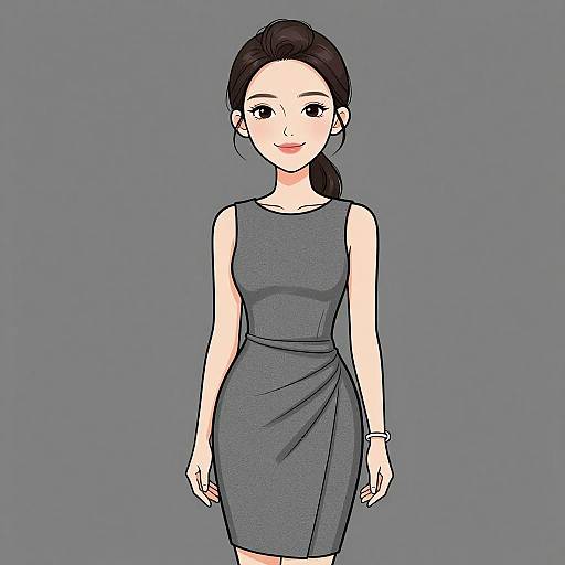 Digital illustration of an Asian woman with fair skin, black hair in a ponytail, wearing a sleeveless, form-fitting gray dress, standing against