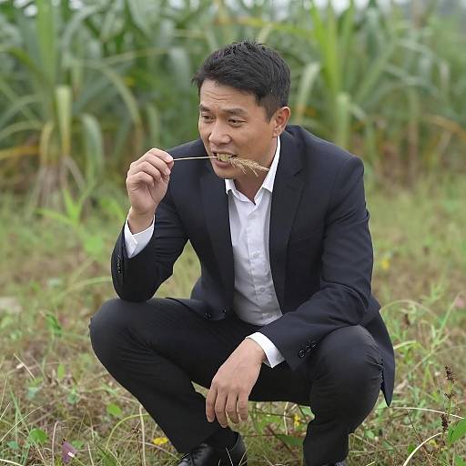 Focused Man in Grassy Field Scene