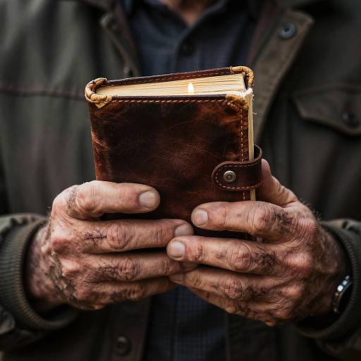 Weathered Hands Holding Leather Journal