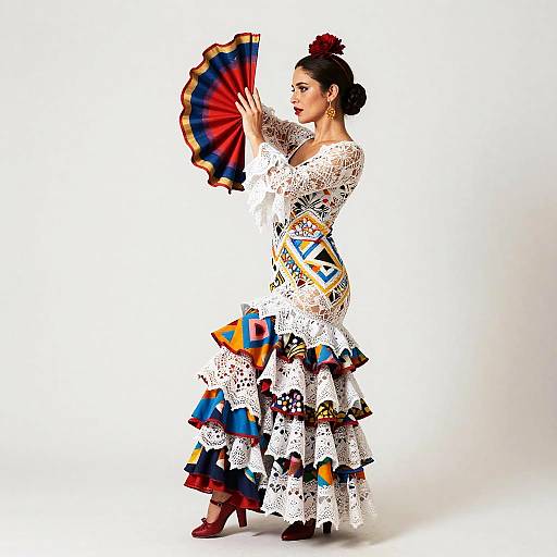 Photograph of a Latina woman in a white lace flamenco dress with colorful ruffles, holding a red and blue fan, standing against a white background