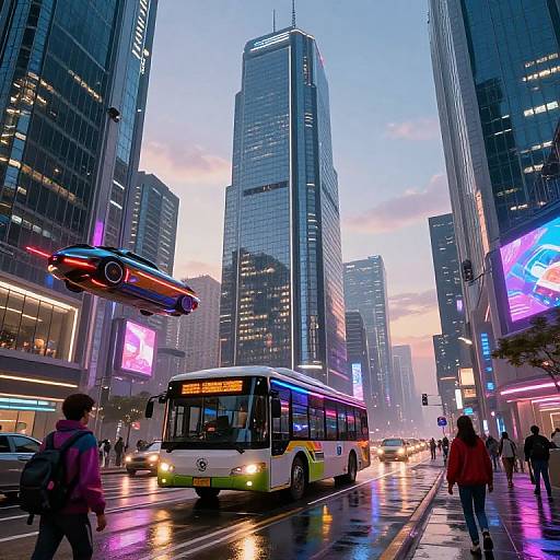 Photograph of a bustling urban street at dusk, featuring a city bus, hovering car, neon billboards, and reflections on wet pavement. Skys