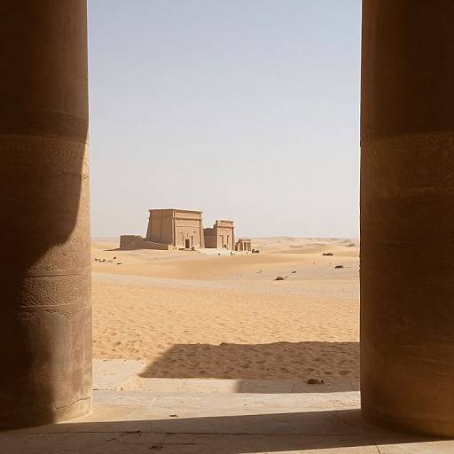 Photograph of ancient desert ruins viewed through two shadowed stone columns, with sandy dunes and bright clear sky in the background.