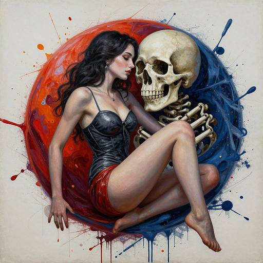 Digital artwork of a pale-skinned woman with black hair, wearing a black corset and red shorts, embracing a skull amidst red and blue splatters