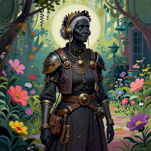 Digital illustration of a dark-skinned, armored woman in a vibrant, flower-filled garden, wearing intricate gold jewelry and headgear, with a glowing sun