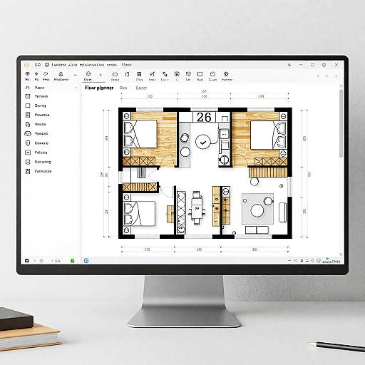Photograph of a computer screen displaying a detailed architectural floor plan in black and white with color accents, on a modern flat-screen monitor, accompanied by a