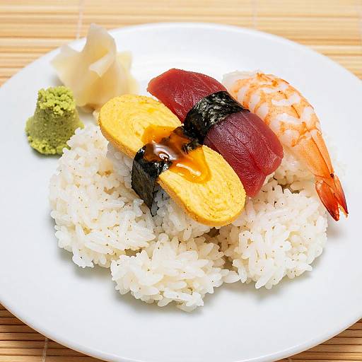 Assorted Sushi on White Rice Plate