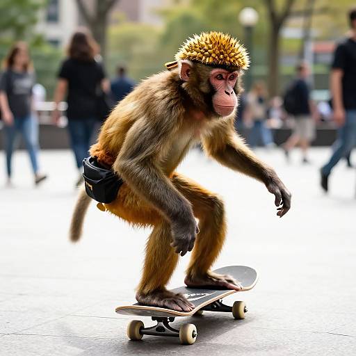 Monkey Skateboarding in City Park