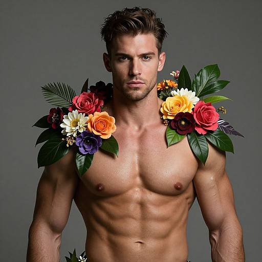 Photograph of a muscular, shirtless man with short brown hair, wearing vibrant flower shoulder adornments, against a gray background.