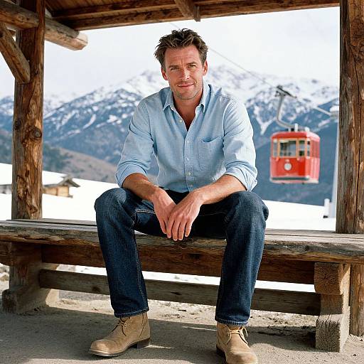 Photograph of a middle-aged man with short brown hair, wearing a light blue shirt, dark jeans, and beige boots, sitting on a wooden bench
