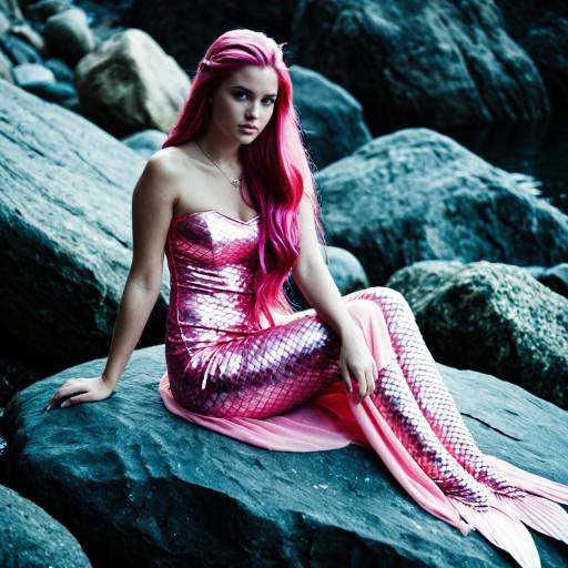 Woman in Pink Mermaid Costume Sitting on Rocks