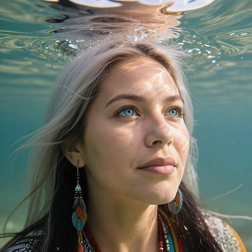 Underwater photograph of a young woman with long black and silver hair, blue eyes, wearing colorful feather earrings, looking upward, sunlight reflecting on the water