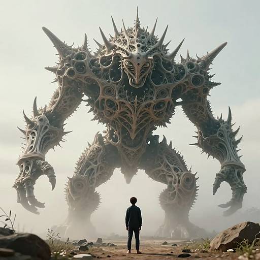 Digital artwork of a small man in a black suit facing a massive, spiked, biomechanical creature with intricate armor-like patterns and glowing eyes in a