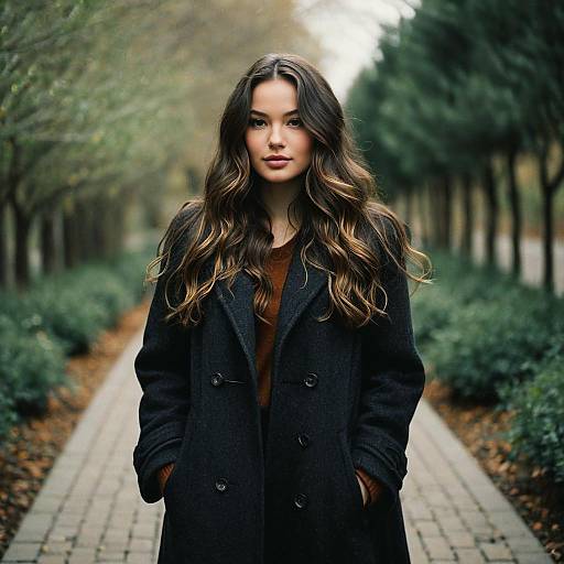 Young Woman in Dark Coat on Pathway