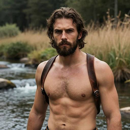 Intense Man by the River in Nature