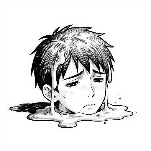 Black-and-white manga-style drawing of a sad, wet-haired boy with drooping eyes and tears, submerged partially in liquid. His hair is messy,