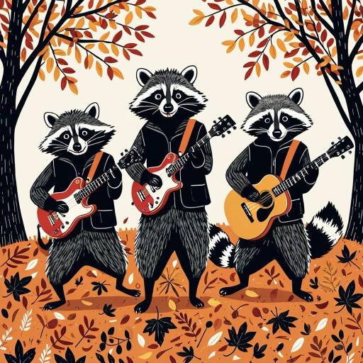 Illustration of Raccoon Band Playing Guitars in Autumn