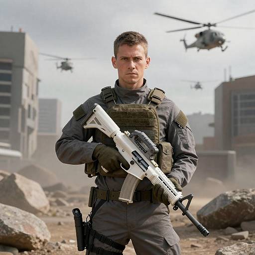 Intense Soldier in Urban Warfare Scene