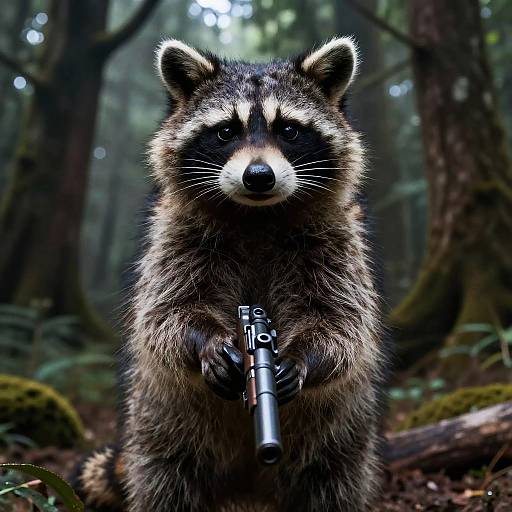Photorealistic digital art of a raccoon standing in a forest, holding a silver handgun with both paws, intense gaze.