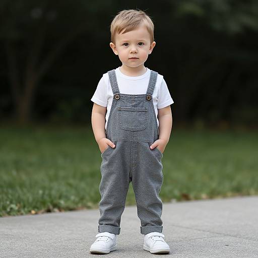 Photograph of a cute, young boy with light brown hair, wearing gray overalls, white t-shirt, and white sneakers, standing on a sidewalk