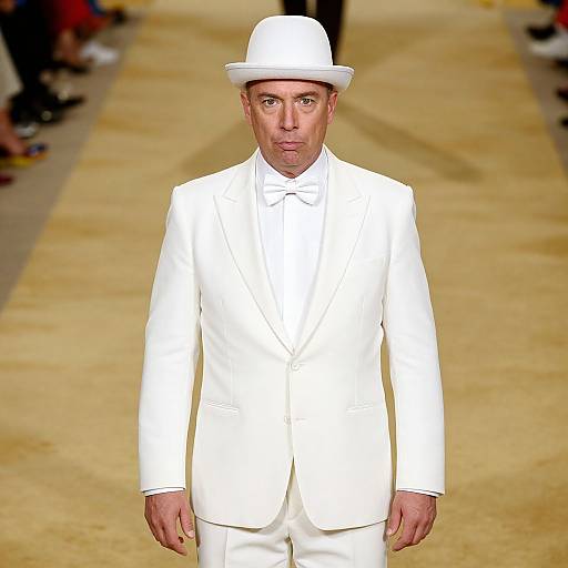Photograph of a man in a white suit and hat, standing on a beige runway, with blurred spectators in the background.