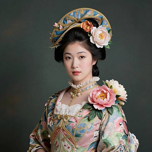 Photograph of a traditional Chinese woman in elaborate, floral-patterned silk robe and ornate hat adorned with large roses, set against a dark background.