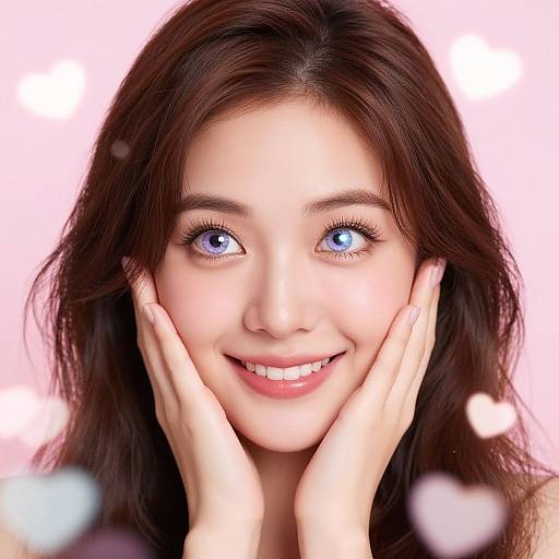 Close-up photograph of a smiling young Asian woman with blue eyes, brown hair, and fair skin, touching her cheeks with her hands against a pink,