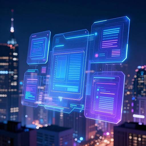 Neon blue and purple holographic data screens float in a nighttime cityscape, with illuminated skyscrapers and colorful lights in the background. Digital art