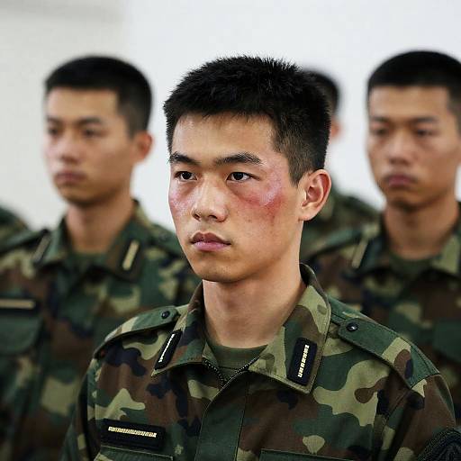 Asian Soldiers in Camouflage Uniforms with Bruised Soldier