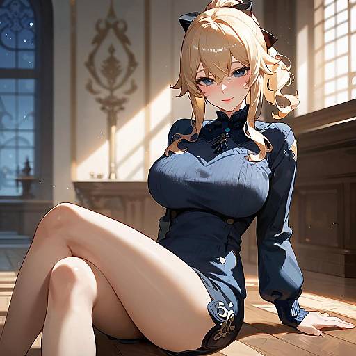 Anime Girl with Blonde Hair Sitting Indoors