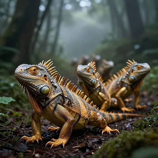 Mythical Iguana Procession in Misty Forest