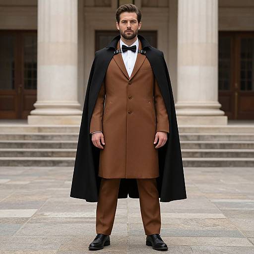 Photograph of a bearded man in a brown suit, black bow tie, and black cape standing in front of classical columns.