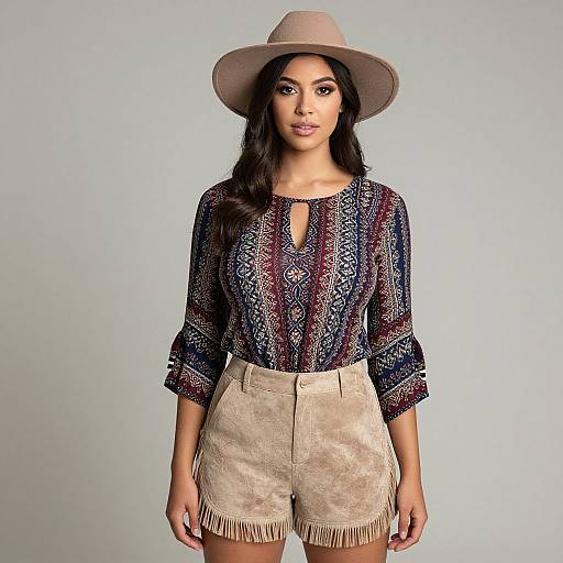 Photograph of a woman with long dark hair, wearing a beige hat, patterned blue and red blouse, and beige fringe shorts, standing against a