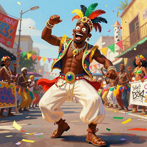 Vibrant CGI image of a muscular, dark-skinned man in colorful Carnival attire, white pants, feathered headdress, and beaded jewelry