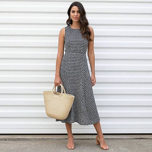 Photograph of a woman with long dark hair, wearing a black-and-white patterned sleeveless dress, beige open-toed heels, and a large