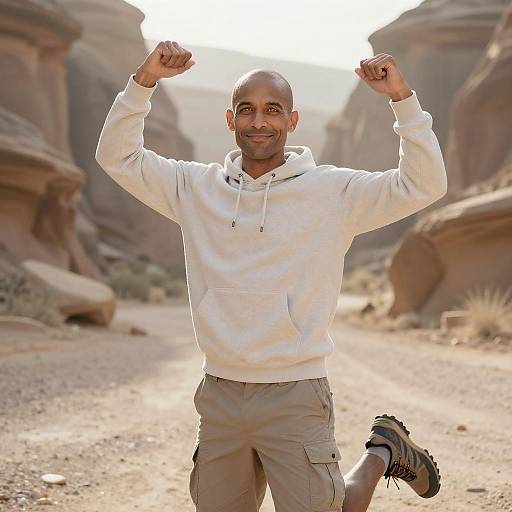 Photograph of a smiling Black man with short hair, wearing a white hoodie and gray pants, running with arms raised in a desert canyon, sunlight illumin