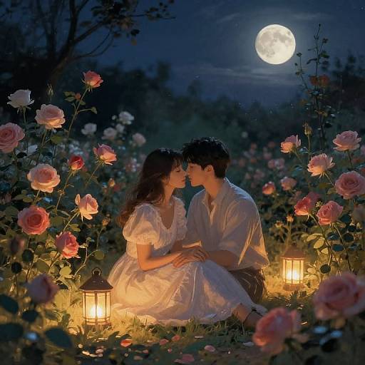 Romantic moonlit garden scene: couple in white dresses, sitting among pink roses, holding hands, illuminated by lanterns, under full moon.