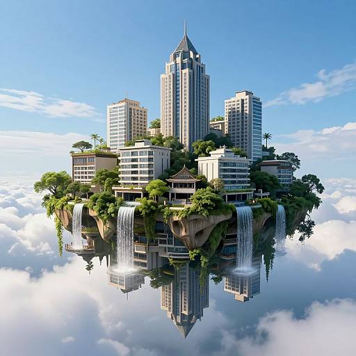 Photorealistic CGI of a futuristic island city with tall skyscrapers, lush greenery, cascading waterfalls, and a reflective cloud-covered sky