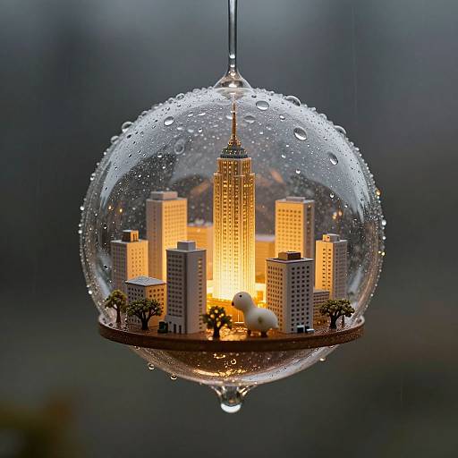 Photograph of a glass bubble pendant featuring a miniature, illuminated city skyline with water droplets, hanging against a dark blurred background.