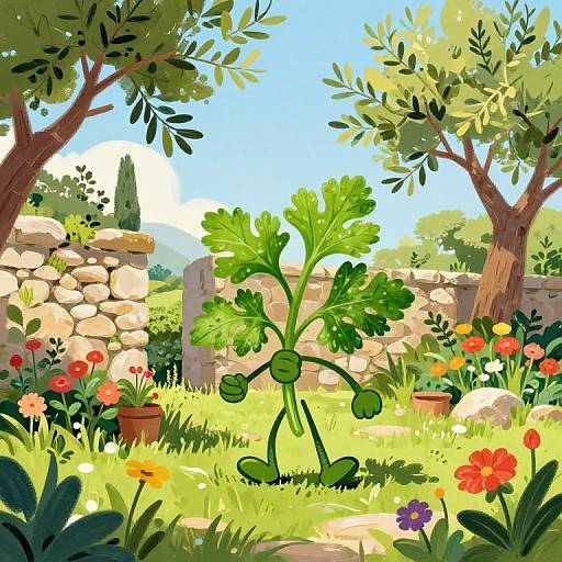 Cartoon leafy green plant with stick legs in vibrant garden with colorful flowers, stone wall, and trees under bright blue sky.