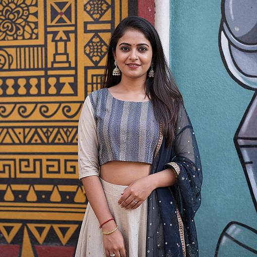 Photograph of a smiling Indian woman with long black hair, wearing a blue and white crop top, white skirt, and black dupatta, standing in