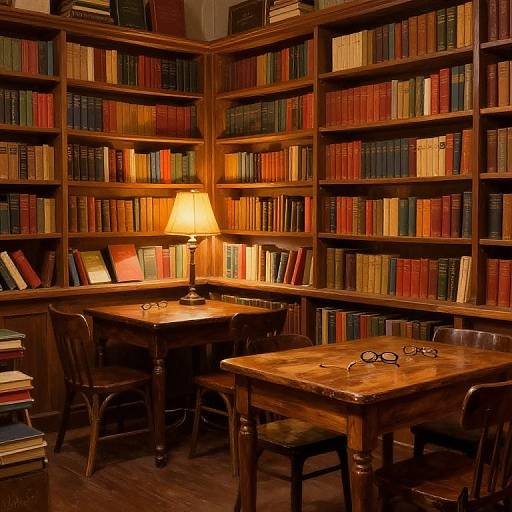 Cozy library corner with wooden bookshelves, warm lit lamp, two wooden tables, and glasses on tables; rich colors and textures.