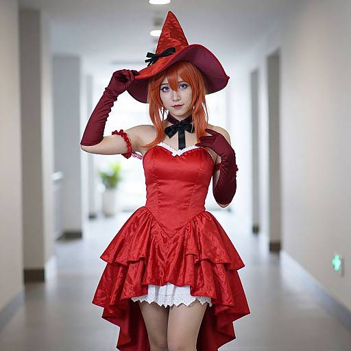 Photograph of a red-haired woman in a red witch costume with a puffy hat, gloves, and ruffled dress, standing in a brightly lit
