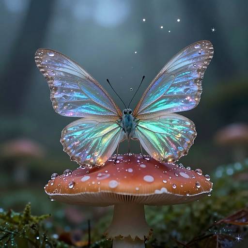 Photograph of a glowing, iridescent butterfly with blue and green wings perched on a red, dew-covered mushroom in a misty forest.