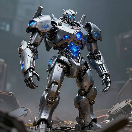Digital CGI image of a towering, silver robotic warrior with glowing blue accents, standing in a futuristic, ruined industrial landscape.