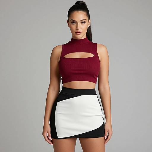 Photograph of a woman with a high ponytail, wearing a maroon cutout crop top and a black, white, and black striped skirt,